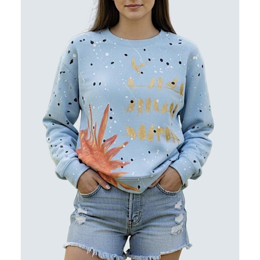 HAND PAINTED Blue Scuba Knit Sweatshirt Birds on Wire Splatter Graffiti Grunge M
